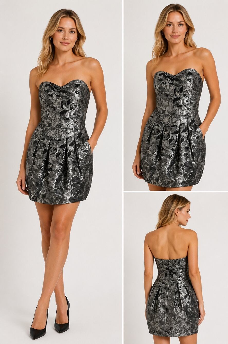 Rubber Ducky Strapless Bubble Hem Mini Dress Black Silver Floral Jacquard L